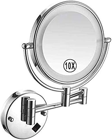 Espejo de maquillaje montado en la pared con luces LED, doble cara con aumento de 10X, espejo de tocador de montaje en pared de 8 pulgadas, rotación