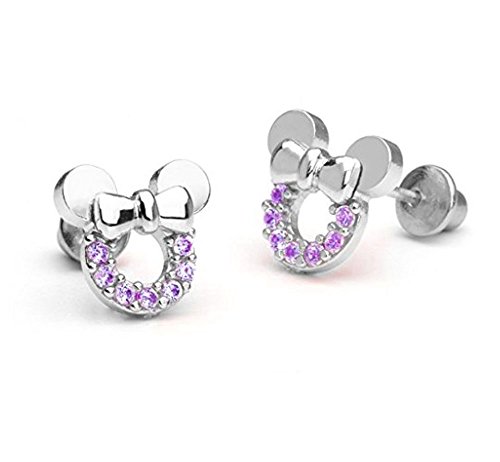 findout Boucles d'oreilles en forme de contours de Minnie Mouse, en argent sterling avec strass de couleur améthyste, pour femmes et filles (f1781)