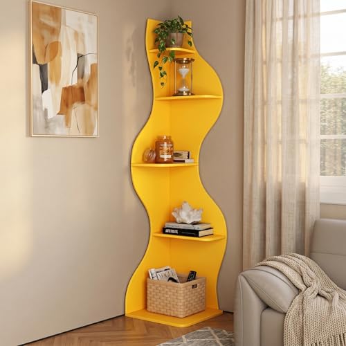 YOWOS 69.4" 5-Tier Modern Corner Bookshelf – Wavy Wooden Display