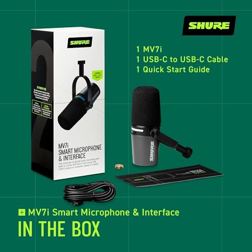 Shure MV7i Smart Microphone with Built-in Audio Interface - Podcast & Musician Mic with 2 Channels, XLR and 1/4", USB-C for Mac/PC/Phone, Advanced DSP Features, All-Metal Design, Auto Level Mode