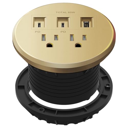 LIDER PD 65W GaN Technology Desktop Power Grommet, Power Delivery, USB-A and 2 USB-C Ports, Tamper-Resistant Receptacles, Self-Close Cover, 6.5ft Cord, ETL Listed, Thermoplastic, Matte Gold