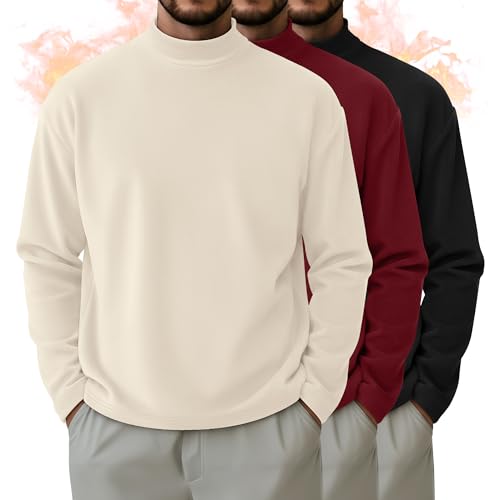 August Alley 3 Pack Men's Mock Turtleneck Shirts Thermal Long Sleeve Tops Basic Mock Neck Slim Undershirts Pullover Sweaters(Apricot, Wine Red, Black,X-Large)