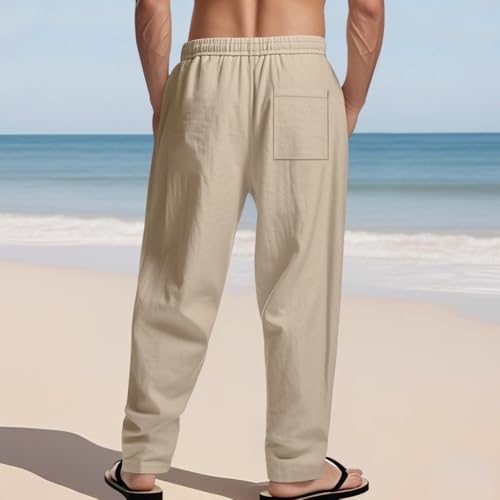 Summer Mens Linen Pants Loose Fit Solid Color Casual Trousers Comfy Lightweight Drawstring Waist Pants Wide Legs Fall Clothing Black S(Khaki,Medium)3