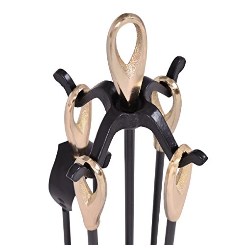 COSTWAY 5 Piece Fire Tools Set, Iron Fireplace Fireside Companion Brush, Poker, Shovel and Tong (Brass + Black) - Image 9