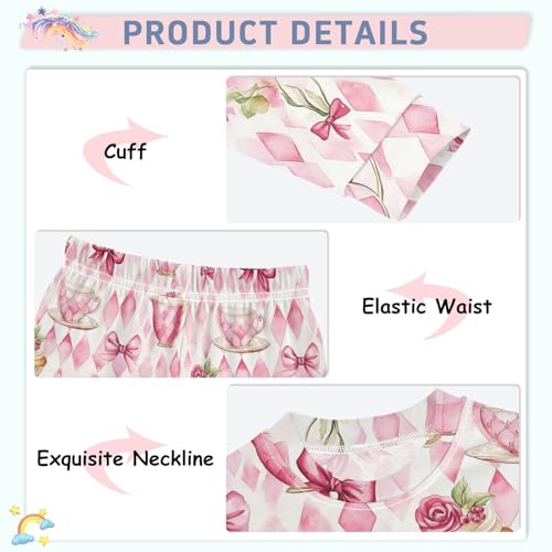 Fustylead Watercolor Tea Cup Flower Bow Cake on Pink Checkered Pajamas Cotton Sleepover PJ Set Long Sleeve Lounge Wear4