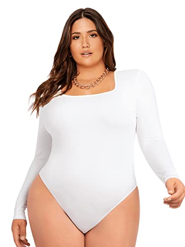 Soly Hux Womens Plus Size Bodysuit Square Neck Long Sleeve T Shirts Stretchy One Piece Bodysuit Basic Tops Tees Solid White 3Xl #TOP24