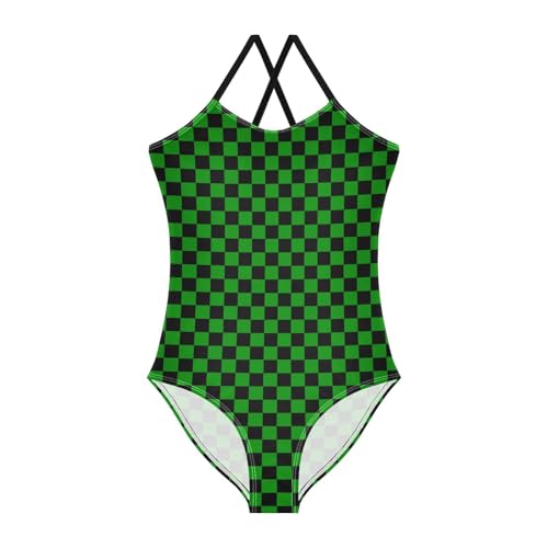 Image of Black and White Chess Girls One Piece Swimsuits Board Marble Tile Sport Halter Swimwear Beach Bathing Suit 3T