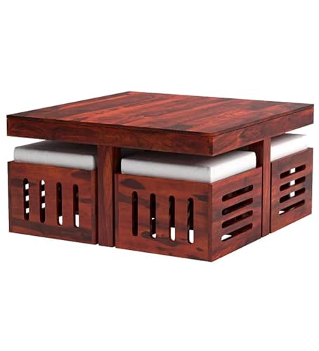 Image of Coffee Table with 4 Stools, Walnut Finish | Sheesham Wood, For Living Room, Wooden Center Teapoy Table