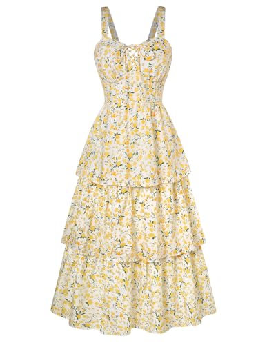 Scarlet Darkness Maxikleid für Damen, Blumenmuster, Sommer, Hochzeit, Gäste, gestuft, ärmellos, Schnürung, Korsett, Sommerkleid, Gelb, Blumen, 36