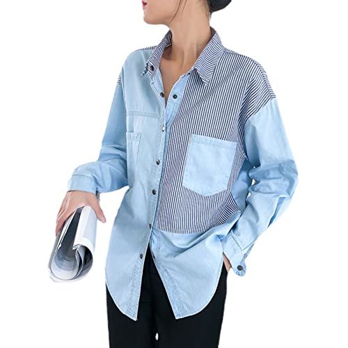 WINDEHAO Chemise en jean grande taille pour femme, veste décontractée en jean à rayures, chemisier à manches longues boutonné