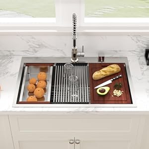 Sarlai Drop In Kitchen Sink 33×22 Drop In Kitchen Sink Ledge Workstation 16 Gauge Stainless Steel Topmount Deep Single Bowl Over Counter Kitchen Sinks Basin Round Corners