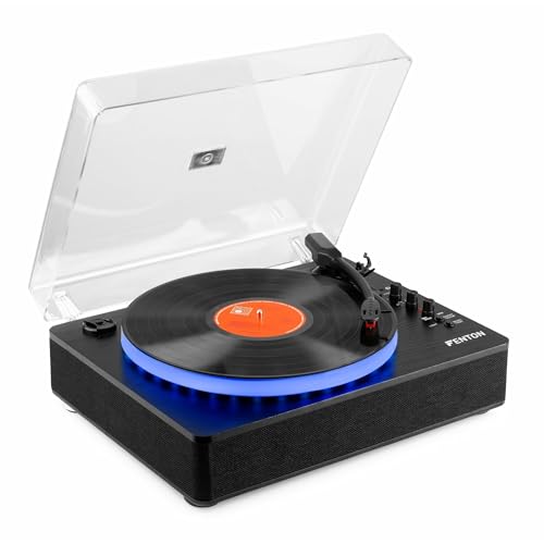 Fenton RP162LED Platine Vinyle LED Bluetooth avec Haut-Parleurs Intégrés - Noir, Lecture 33, 45 et 78 Tours, Émetteur & Récepteur Bluetooth, Une Platine Moderne et Déco avec Son Plateau LED