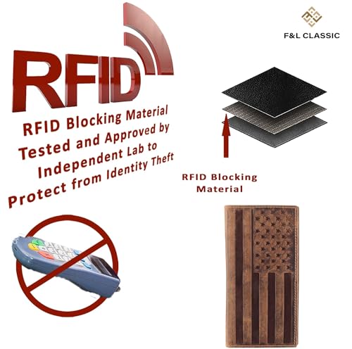 Image of F&L CLASSIC Men's RFID Vintage Look Genuine Leather Long Bifold Wallet Checkbook Wallets,brown flag,240-100