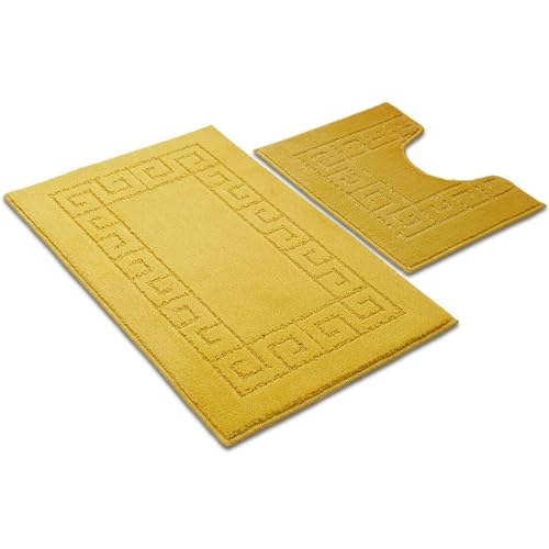 Ambience Products Juego de 2 alfombrillas de baño con patrón de llave griega, antideslizantes, suaves, lavables, de secado rápido, absorbentes de agua, para ducha y pedestal (color amarillo)
