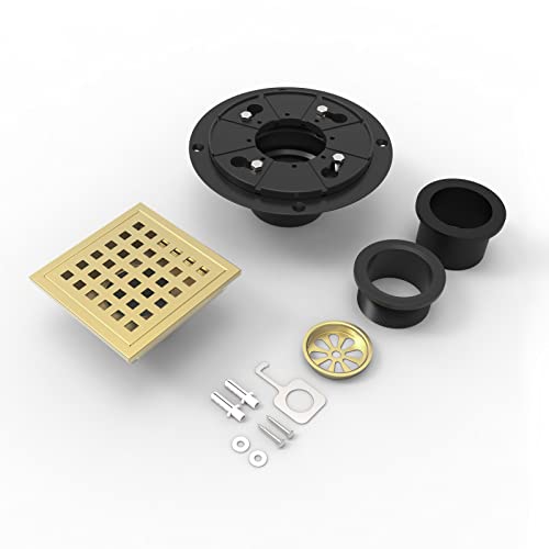 Webang 4 Inch Square Shower Floor Drain With Flange,Quadrato Pattern Grate Removable,Food-Grade Sus 304 Stainless Steel,Watermark&Cupc Certified, Brushed Gold Brass #TOP5