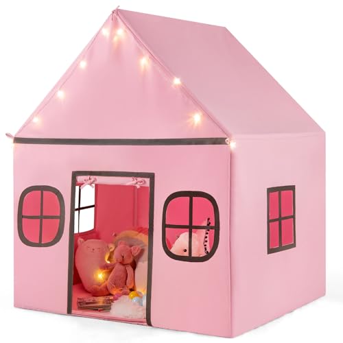 COSTWAY Tente de Jeux Enfant avec 4 Fenêtres et Guirlandes Lumineuses Étoiles, Cabane Enfant Interieure avec Tapis Antidérapant et Coton Lavable, Maison de...