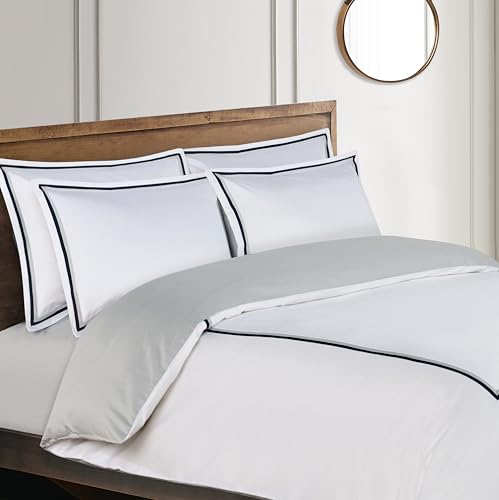 Majestic Giftware Madison Linen 6 Pcs King Size Bedding Set (BL57-K) | Lyon - Navy/Gray 400 TC Cotton Sateen Durable & Washable | 1 Fitted Sheet, 1 Duvet, 4 Pillowcases - Noble Collection