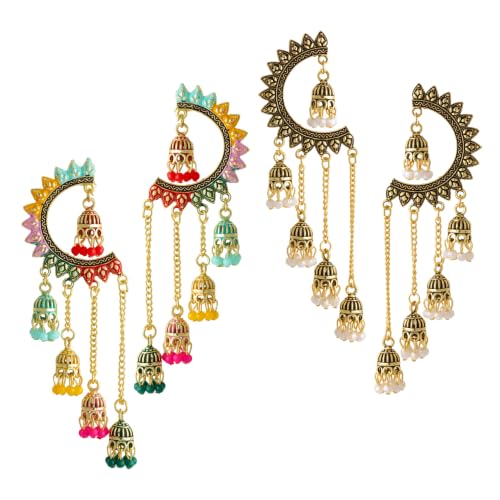 Image of WORLD CRAZE Multicolour long kashmiri jhumka for women chandbali earrings chand baliyan | kashmiri earrings for women | bahubali earrings stylish | Traditional Indian Festive Jewelry | Long Chain Tassels | Pearl Drop Latkan Jewellery (Multi colour)