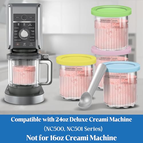 Image of Creami Pints and Lids for Ninja - 4 Pack 24 oz Deluxe 11-in-1 Creamy Icecream Containers Cups Jars Tubs Canisters Set, Smoothie Pot Compatible with NC501 NC500 Series Creamer Ice Cream Maker Machine