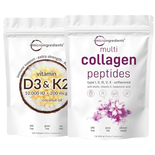 Micro Ingredients Vitamin D3 10,000iu + K2 200mcg Coconut Oil Softgels & Multi Collagen Protein Powder Bundle 2 Pack | Essential Sunshine Vitamins | Grass-Fed Collagen Peptides