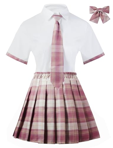 MZRFYTZ Women School Girl Outfits Set Student Roleplay Costumes Top With Mini Pleated Skirt (Pink, S)