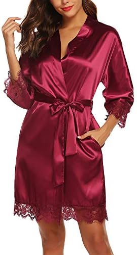 URRU Women's Kimono Robes Satin Pure Colour Short Style with Oblique V-Neck Robe Wine Red L