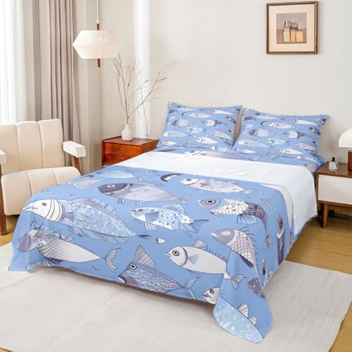 Image of jejeloiu Cartoon Fish Bed Sheets Sets King Size Kids Boys Girls Marine Theme Bedding Set Ocean Sea Animal Bed Sheet Set with 16-Inch Deep Pockets Blue 4Pcs with 2 Pillow Cases