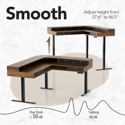Image of HUANUO 85 inch Electric L Shaped Standing Desk with File Cabinet, Walnut | 65 inchx58 inch 2-Tier L-Desk,File Cabinet, 6 Drawers,220lbs Carbon Steel,4 Memory Presets, 27.6 inch-46.5 inch Adjustable Height