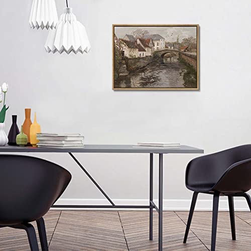 Vintage Framed Canvas Print Wall Art, Farmhouse Decor, Village House By The River, Country-Side View Photography Realism Oil Painting For Living Room, Bedroom, Office Wall Decor, Old European Country River, Floating Framed #TOP3