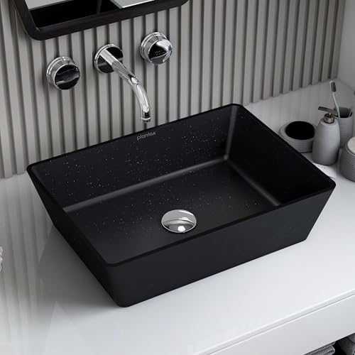 Image of Plantex Table Top Basin for Bathroom /Quartz Rectangle Basin /Vessel Sink Over Counter for Home /Restaurant (Black, 18 x 13 x 5 Inch)