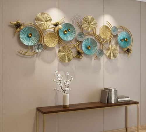 DSH CRAFTING YOUR CURIOSITY Metal Wall Art Lotus Leaves Wall Hanging Wall Decor Sculpture (46 X 17 Inch) For Home Hotel Restauran Decoration (16-BUTTERFLY-BLUgold)