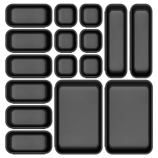 Famhap Organizador de Cajones, 16 piezas, Cajas Bandejas de Plástico Apilables Almacenamiento para Cajones, Escritorio, Cocina, Baño, Maquillaje, Armario(Negro)