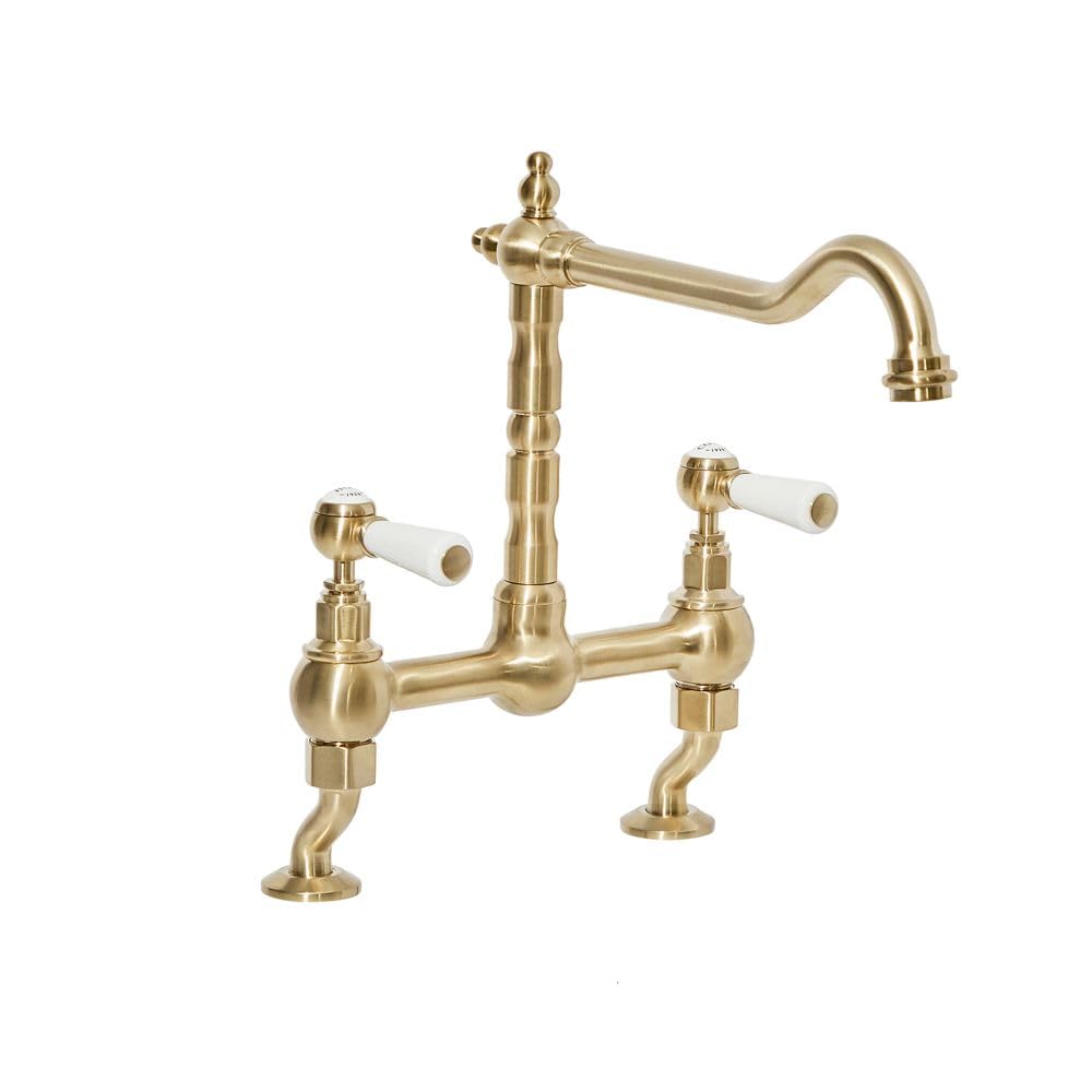 Milano Brushed Brass Elizabeth Lever Handle Bridge Kitchen Sink Mixer Tap Swivel Spout - Brass