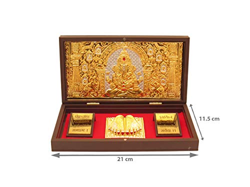 Image of GoldGiftIdeas 24K Gold Plated Shree Ganesha Photo Frame with Charan Paduka Box for Pooja Room (Dagadu Seth), Return Gifts for Diwali, Ganpati Wooden Momento Gift, Good Luck Gift
