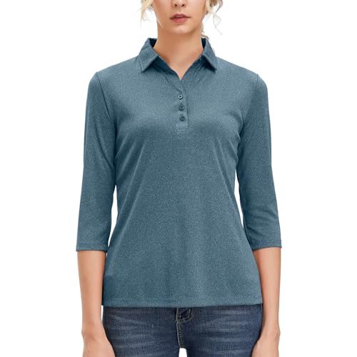 Corna Womens Tops 3/4 Sleeve Shirts and Blouses Classic Fit Dry Fit Polo Neck Tops Shirts S-XXL (Navy Blue S)