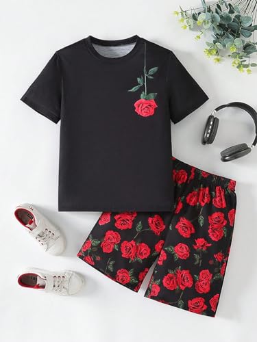 Image of RoseSeek Boy's 2 Piece Outfits Floral Print Short Sleeve Crewneck T Shirt and Shorts Set Summer Outfits