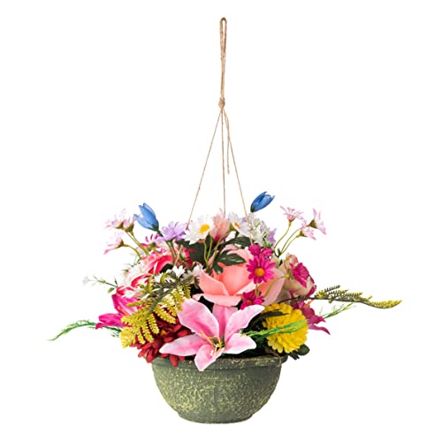 Ivydale Artificial Hanging Silk Flowers In Basket, Fully Assembled Mix Rose Peony Daisy Orchid Ivy Leaves Hanging Planter With Moss Pot Basket For Home Decoration Outdoor Indoor Garden #TOP1