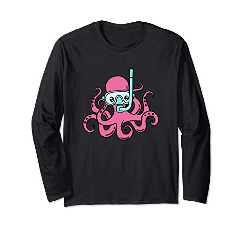 A funny and cute kawaii octopus design with big eyes and cartoon style snorkeling gear that's perfect for anyone who loves octopi, marine animals, sea life, ocean creatures, or fish