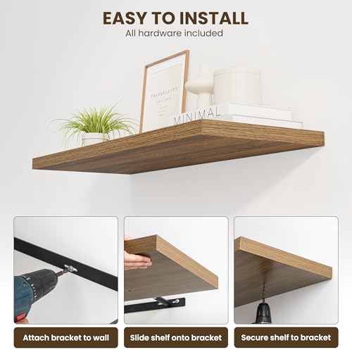 Image of Dreamland 30 inch Floating Shelves for Wall, 12 inch Deep Slim Walnut Floating Shelves, Wall-Mounted Shelves for Bedroom, Living Room, Kitchen, Bathroom - Set of 2