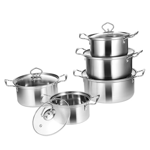 IMIKEYA 5 juegos Ollas para Sopa Inoxidable con Doble Asa Tapas de Vidrio Aptas para Inducción y Cocina Vitrocerámica Resistentes y para Guisos y