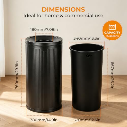 Image of BEAMNOVA 15Gal Open Top Trash Can, Stainless Steel, 15 * 30.1 in Black
