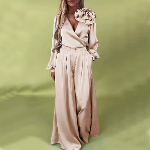 Women's 2 piece Sexy Luxurious and Elegant 3D Flower V-Neck Satin Long Sleeve Top Wide Leg Pants Set4