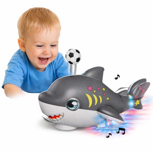 Image of Musical Dancing Shark Toy with Ball Blowing on Air for Kids Moving 360 Degree Rotating Light and Sound Toy with Bump and Go Action for Toddlers Both Boys Girls (Grey or Blue Colour)