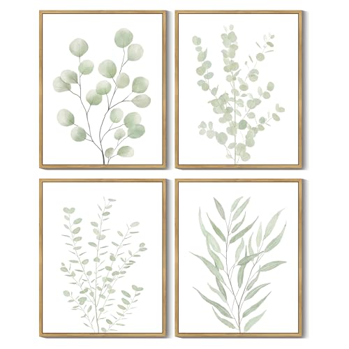 Drsoum Botanical Plant Framed Wall Art Boho Wall Decor for Bathroom Sage Green Eucalyptus Leaf Prints Minimalist Aesthetic Ready to Hang Set of 4, 8x10 in (Natural Framed)