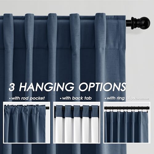Image of Denim Blue 100% Blackout Linen Curtains for Bedroom 102 Inches Long Back Tab Thermal Insulated Modern Farmhouse Decor Black Out Curtain for Living Room Dining Room Rod Pocket Drapes 52x102, 2 Panels