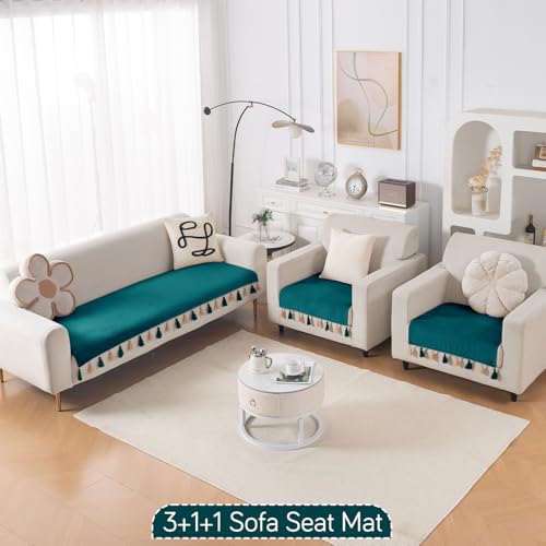 Image of HOKIPO Premium Holland Velvet Sofa Cover 5 Seater Set - Washable 3+1+1 Sofa Cover Mat with Tassel | 'TasselTone Series' | Teal (IN-1108+1104-TL*2)