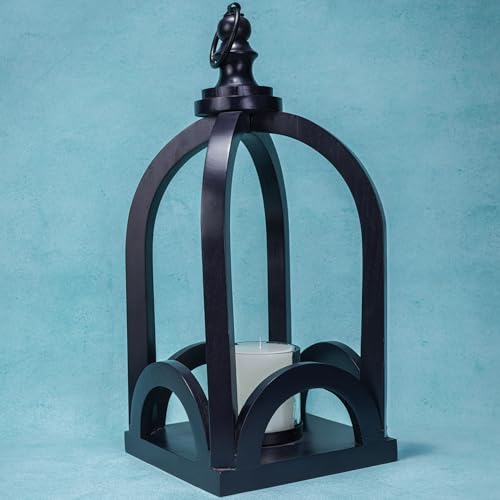 Image of Lumora Acacia Wood Lantern with Glass - Handcrafted Rustic Lantern for Indoor Outdoor Patio Balcony & Home Lighting