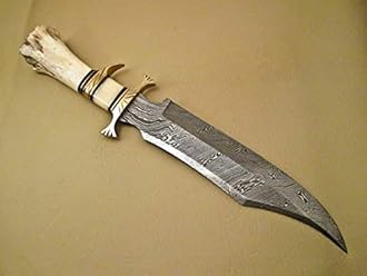 Kidsnado Damascus Steel Hunting Knife - Fixed Blade Knives with Sheath - Firm Grip Handle Made of Camel Bone (White)