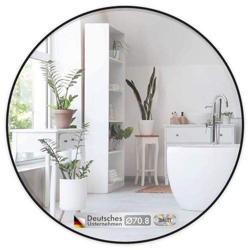KARAT Miroir Mural Rond pour Salle de Bain et Chambre, avec Cadre en Alliage d'aluminium Noir Bella, Ø 70 cm, Verre trempé avec Film de sécurisé, Design...
