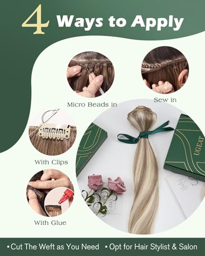 Image of Ugeat Weft Hair Extensions Human Hair, Sew in Hair Extensions 18 Inch 100g, Hair Weft Extensions Light Brown Highlights Platinum Blonde, Softness
